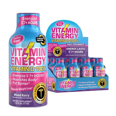 Vitamin Energy D 100% Liquid Supplement -Berry - 1.93 Oz. (12 Bottles) Zero Sugar