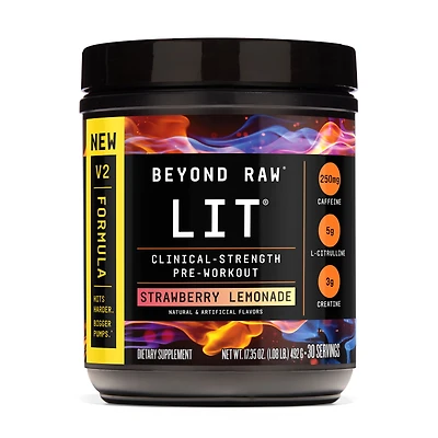 Beyond Raw Lit Pre-Workout 2.0 - Strawberry Lemonade (30 Servings) Zero Sugar