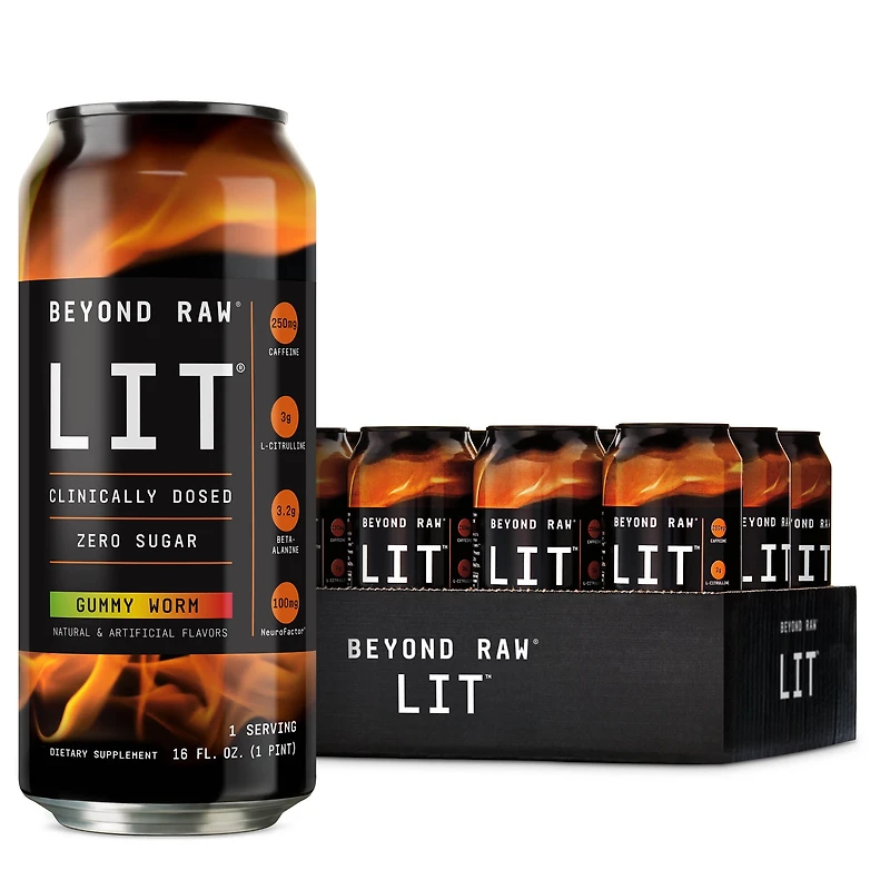 Beyond Raw Lit On-The-Go Pre-Workout - Gummy Worm 16Oz. (12 Cans)