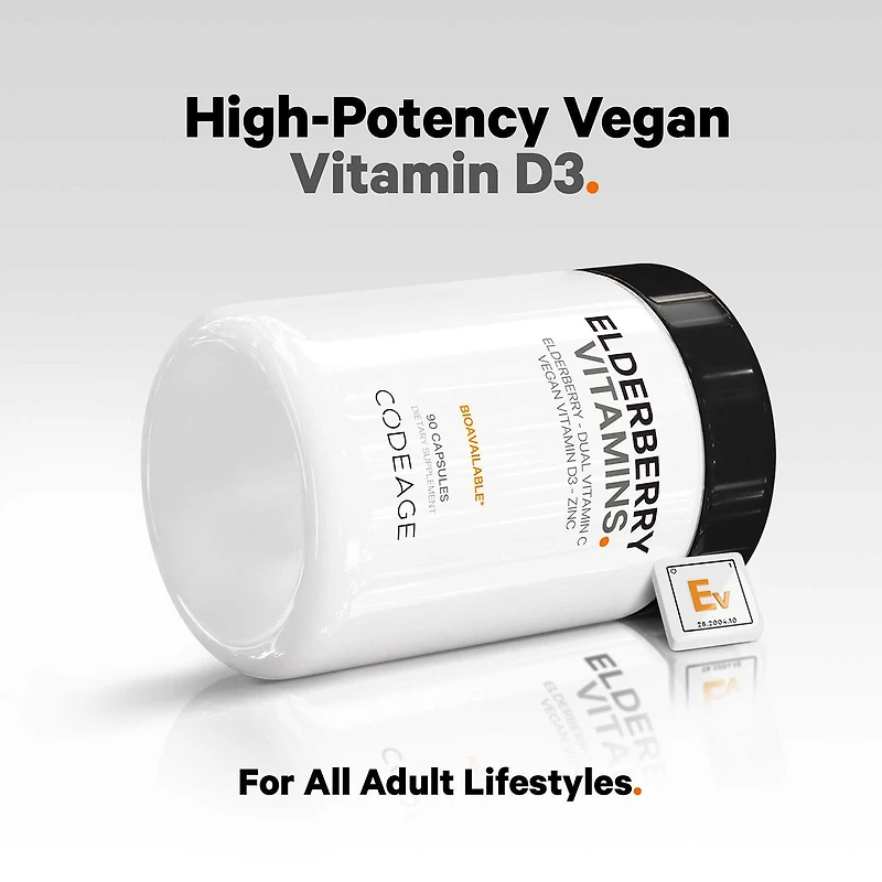 Elderberry Immune Complex - Daily Vitamin C Vegan D3 & Zinc Supplement - 90 Capsules (30 Servings)