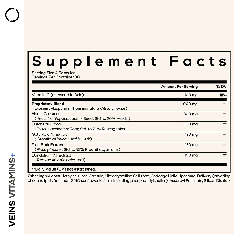 Veins Vitamins+ - 120 Vegetable Capsules (30 Servings)