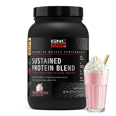 GNC AMP Sustained Protein Blend - Strawberry Milkshake (28 Servings) 26 Count