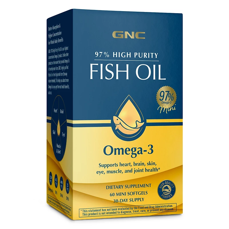 GNC 97% High Purity Fish Oil Omega-3 - 60 Mini Softgels (30 Servings)