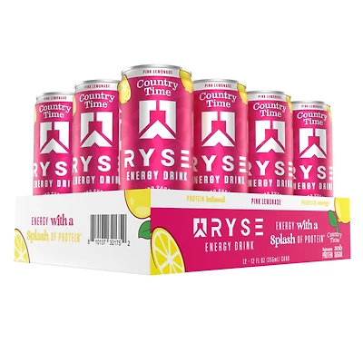 RYSE Energy Drink - Country Time Pink Lemonade 12 Fl Oz. (12 Cans) Zero Sugar