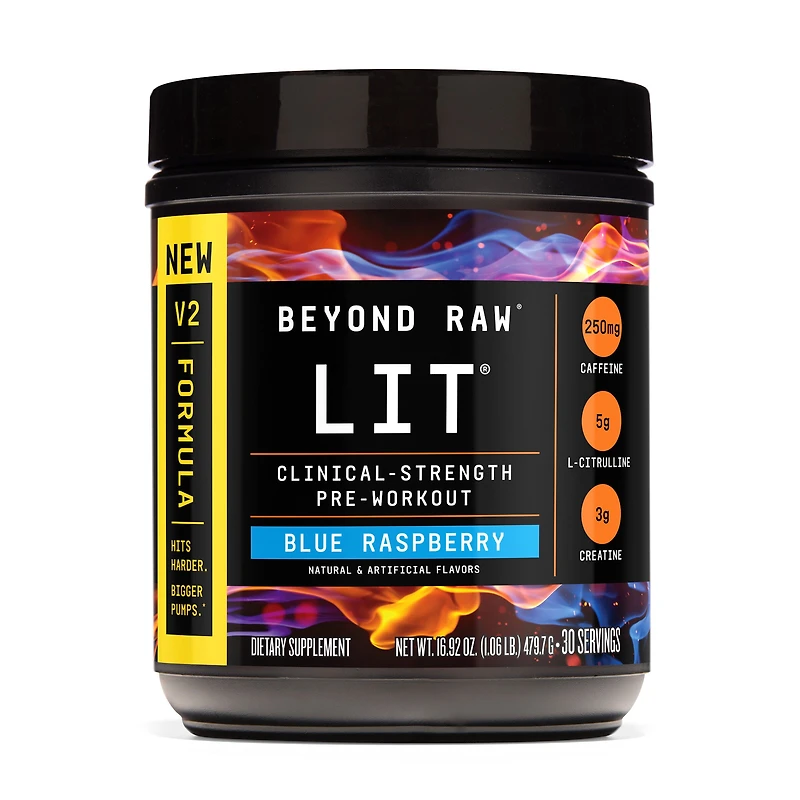 Beyond Raw Lit Pre-Workout 2.0 - Blue Raspberry (30 Servings) Zero Sugar