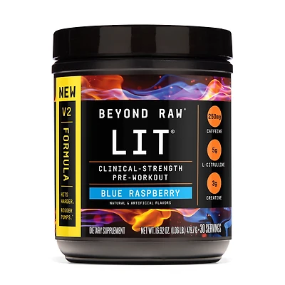 Beyond Raw Lit Pre-Workout 2.0 - Blue Raspberry (30 Servings) Zero Sugar