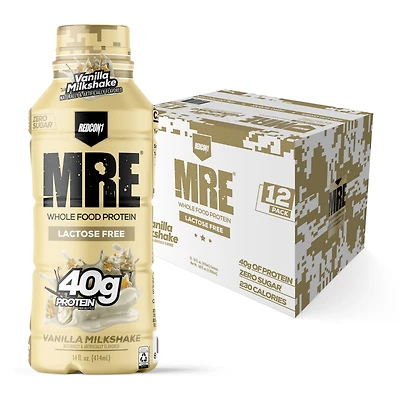REDCON1 Mre Whole Food Protein Rtd - Vanilla Milkshake 14 Fl Oz. (12 Bottles) Zero Sugar