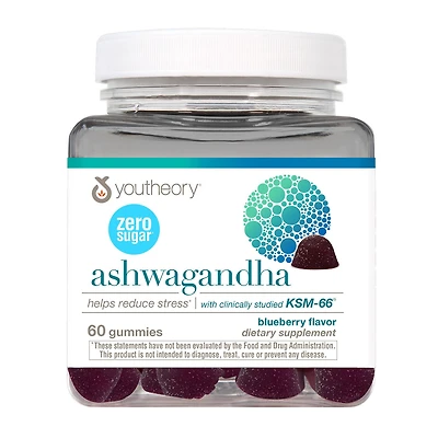 Youtheory Ashwagandha Gummies Healthy - Blueberry (60 Gummies) 90 Count
