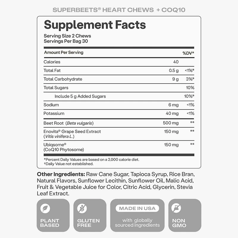 SuperBeets Advanced Heart Chews Blood Pressure Support - Acai Berry - 60 Chews (30 Servings)