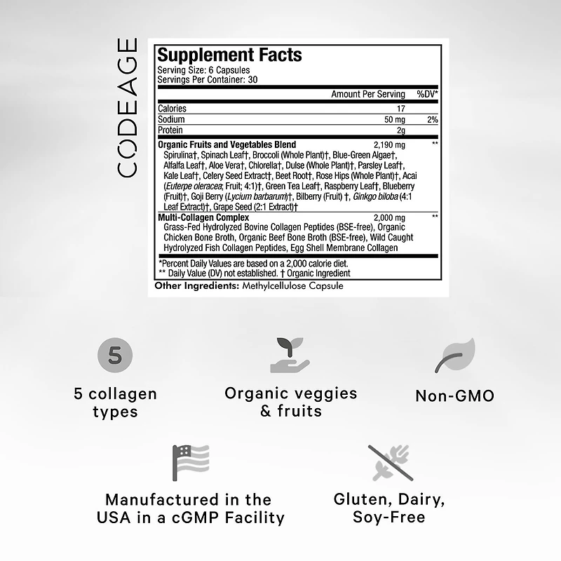 Hydrolyzed Multi Collagen Peptides Raw Greens with 21 Fruits & Veggies - 180 Capsules (30 Servings)