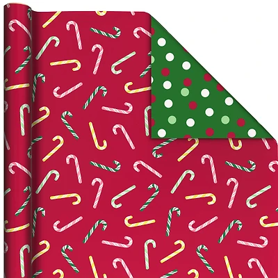 Candy Canes on Red/Dots on Green Christmas Reversible Wrapping Paper Roll, 30 sq. ft. for only USD 4.99 | Hallmark