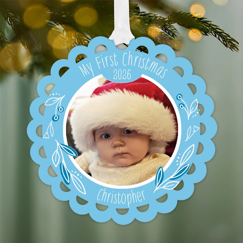 Baby's First Christmas Blue Scalloped Metal Personalized Ornament, Custom Photo and Text for only USD 17.99 | Hallmark