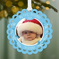 Baby's First Christmas Blue Scalloped Metal Personalized Ornament, Custom Photo and Text for only USD 17.99 | Hallmark