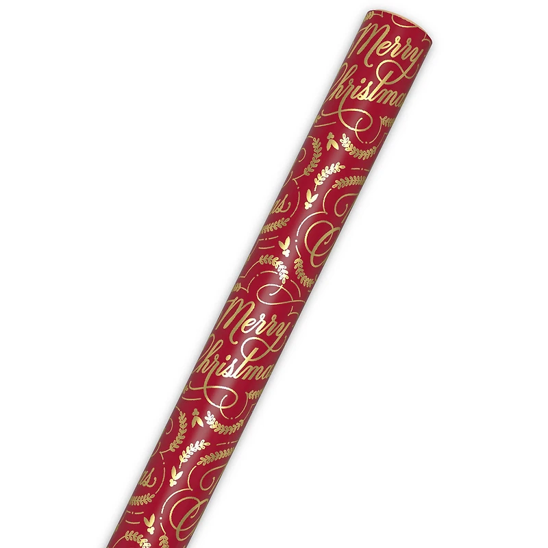 Merry Christmas on Burgundy Metallic Wrapping Paper Roll, 22.5 sq. ft. for only USD 4.99 | Hallmark