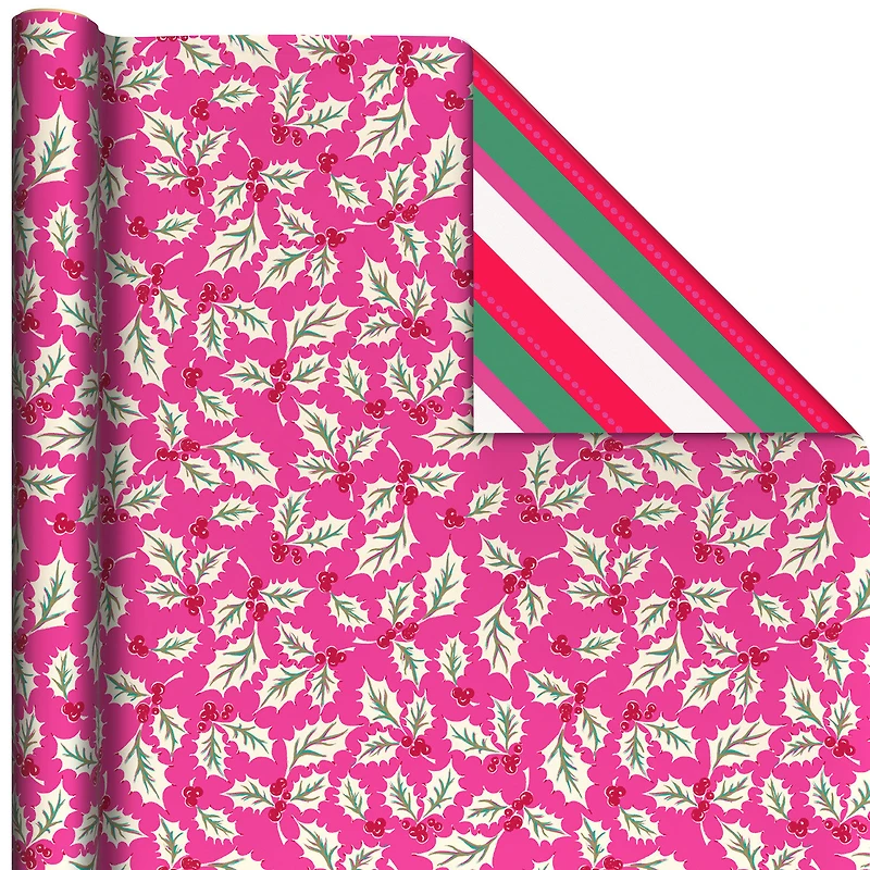 Holly on Rose/Diagonal Bright Stripes Christmas Reversible Wrapping Paper Roll, 30 sq. ft. for only USD 4.99 | Hallmark