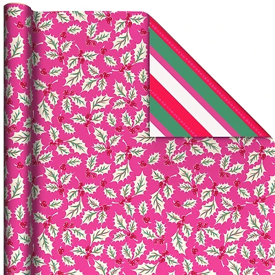 Holly on Rose/Diagonal Bright Stripes Christmas Reversible Wrapping Paper Roll, 30 sq. ft. for only USD 4.99 | Hallmark