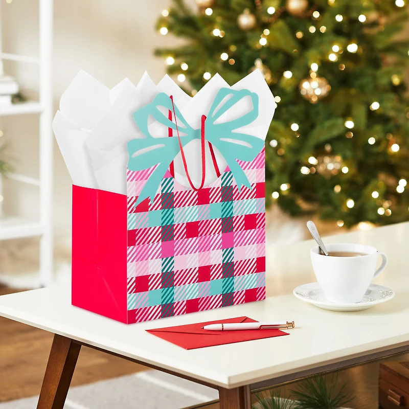 7.3" Colorful Check With Die-Cut Bow Medium Holiday Gift Bag for only USD 4.99 | Hallmark
