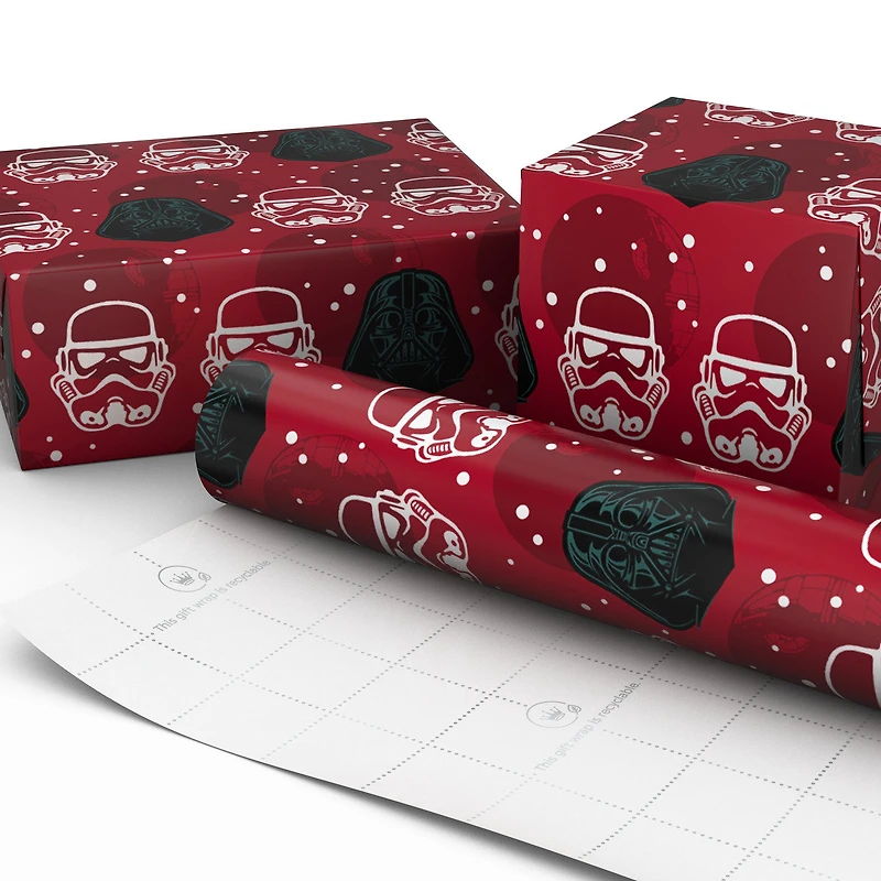Star Wars™ Darth Vader™ and Stormtrooper™ Helmets on Red Holiday Wrapping Paper Roll, 25 sq. ft. for only USD 4.99 | Hallmark
