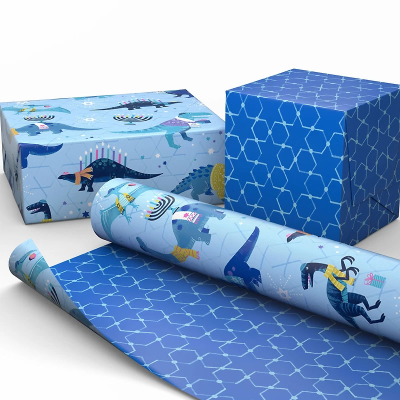 Dinos With Yarmulkes/Star of David Pattern Reversible Wrapping Paper Roll, 30 sq. ft. for only USD 4.99 | Hallmark