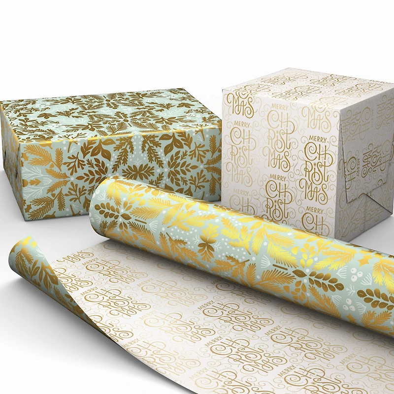 Gold Floral on Blue/Merry Christmas Reversible Wrapping Paper Roll, 30 sq. ft. for only USD 4.99 | Hallmark