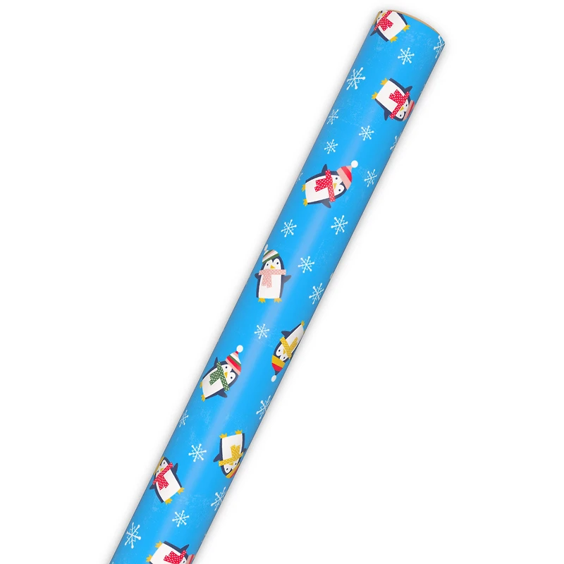 Playful Penguins on Blue Jumbo Holiday Wrapping Paper Roll, 90 sq. ft. for only USD 9.99 | Hallmark