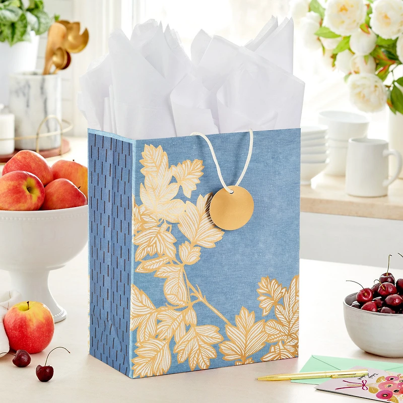 13" Gold Leaves on Chambray Blue Large Gift Bag for only USD 4.99 | Hallmark