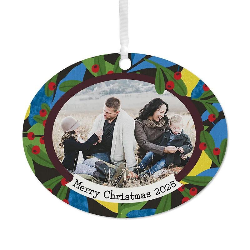 Holiday Holly Horizontal Oval Metal Personalized Ornament, Custom Photo and Text for only USD 17.99 | Hallmark