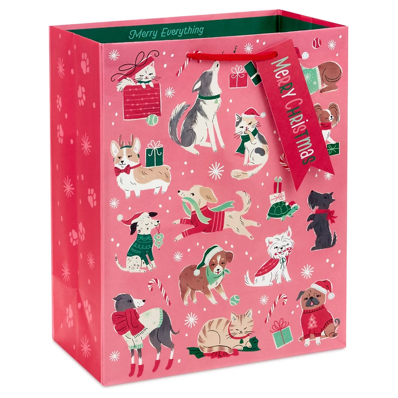 13" Retro Dogs and Cats on Pink Large Christmas Gift Bag for only USD 4.49 | Hallmark