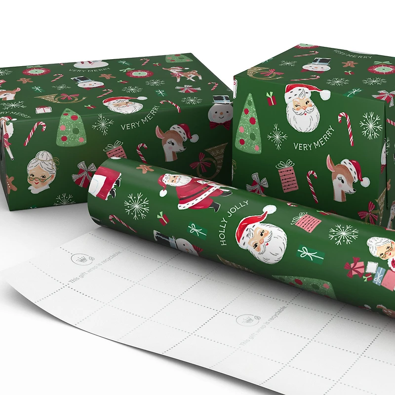 Retro Christmas Friends on Green Wrapping Paper Roll, 35 sq. ft. for only USD 4.99 | Hallmark
