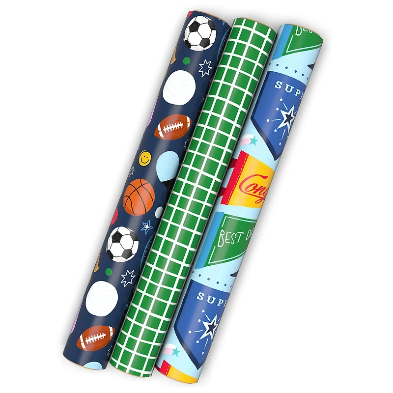 Sporty 3-Pack Wrapping Paper Mini Roll Bundle, 60 sq. ft. total for only USD 9.99 | Hallmark