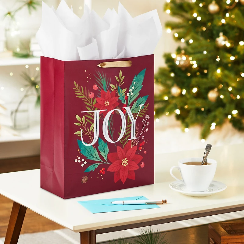 15.5" Joy and Poinsettia Extra-Large Holiday Gift Bag With Tissue Paper for only USD 8.99 | Hallmark