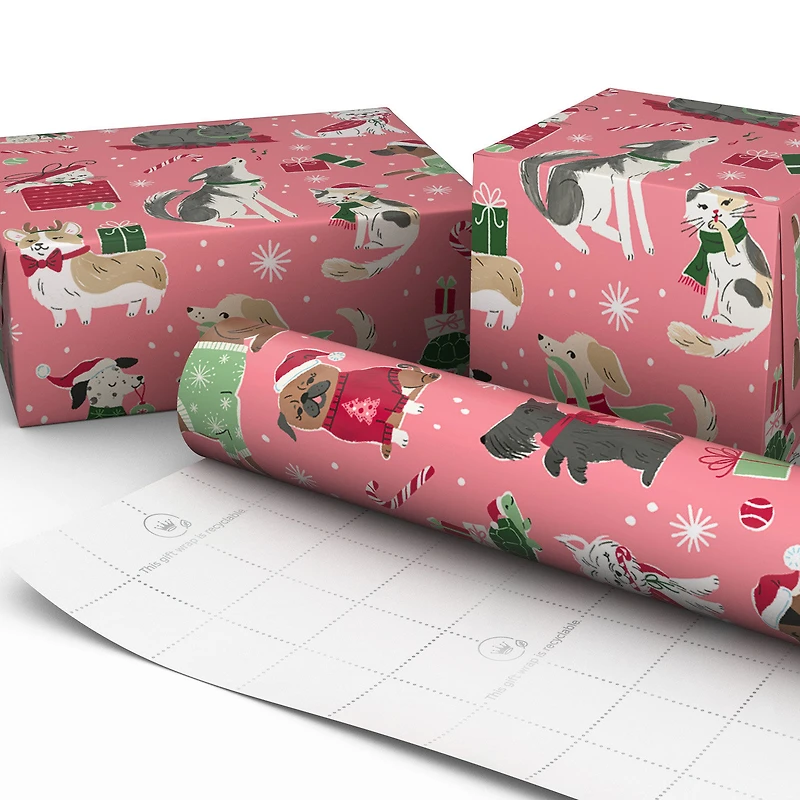 Cute Cats and Dogs on Pink Christmas Wrapping Paper Roll, 35 sq. ft. for only USD 4.99 | Hallmark