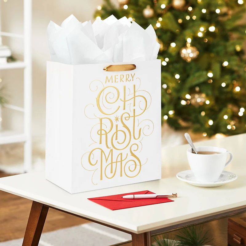13" Merry Christmas Gold Calligraphy on White Large Gift Bag for only USD 4.99 | Hallmark