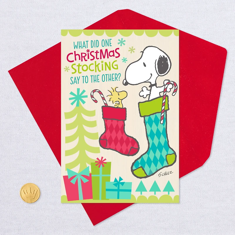 Peanuts® Snoopy and Woodstock in Stockings Funny Christmas Card for only USD 2.00 | Hallmark