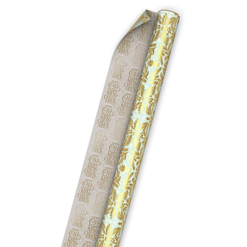 Gold Floral on Blue/Merry Christmas Reversible Wrapping Paper Roll, 30 sq. ft. for only USD 4.99 | Hallmark
