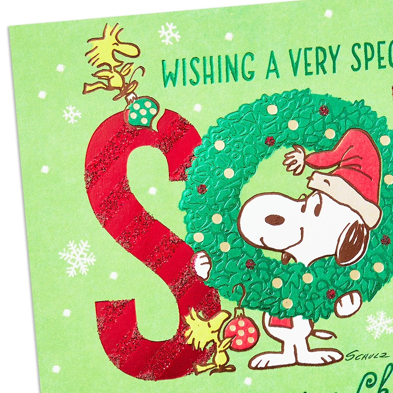 Peanuts® Snoopy and Woodstock in Wreath Christmas Card for Son for only USD 5.99 | Hallmark
