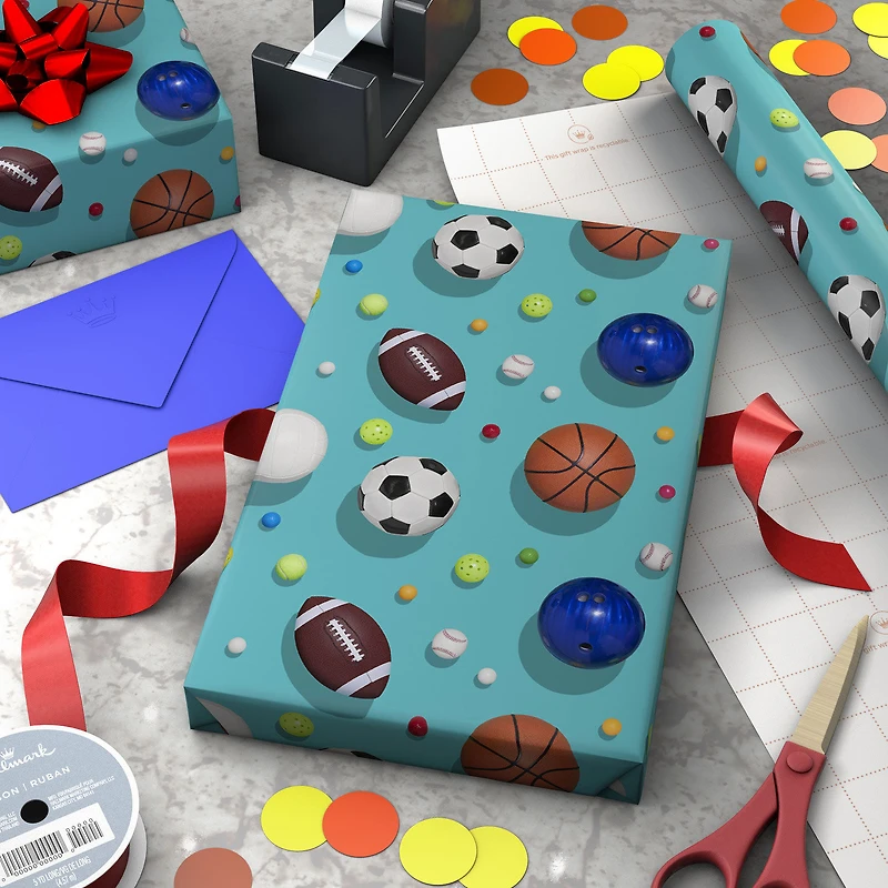 Sports Balls on Blue Wrapping Paper, 20 sq. ft. for only USD 4.99 | Hallmark