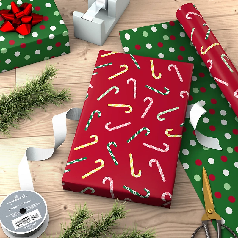 Candy Canes on Red/Dots on Green Christmas Reversible Wrapping Paper Roll, 30 sq. ft. for only USD 4.99 | Hallmark