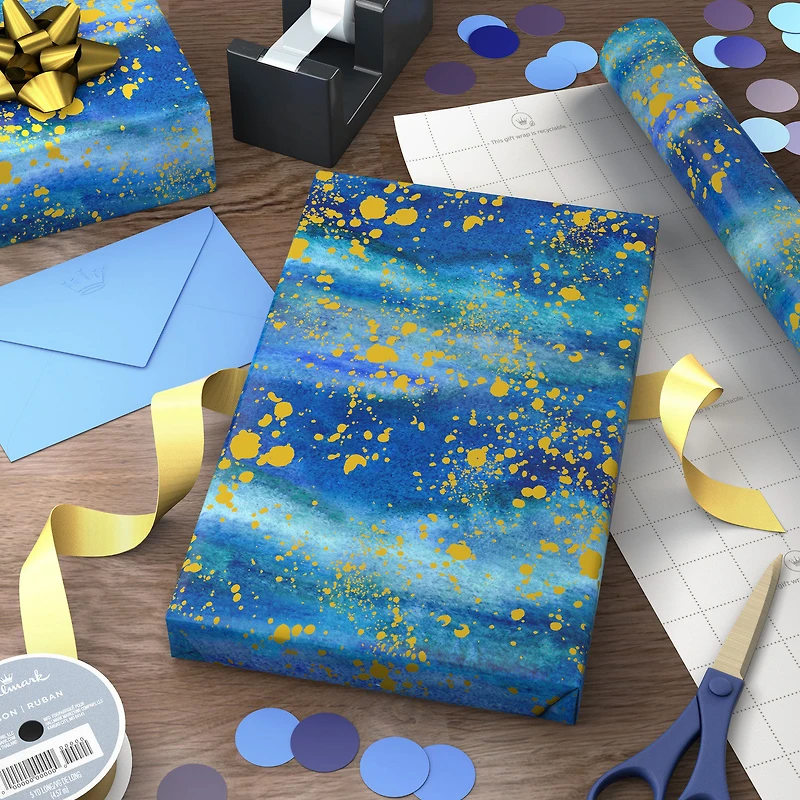 Blue Watercolor With Gold Splatter Wrapping Paper, 20 sq. ft. for only USD 4.99 | Hallmark