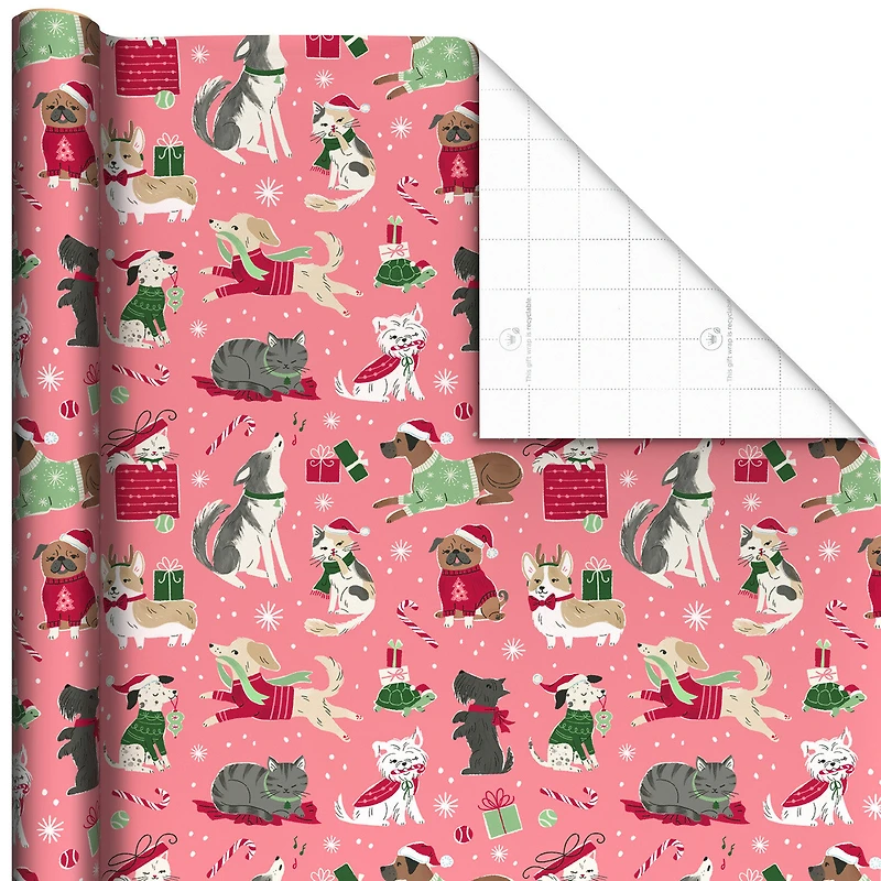 Cute Cats and Dogs on Pink Christmas Wrapping Paper Roll, 35 sq. ft. for only USD 4.99 | Hallmark