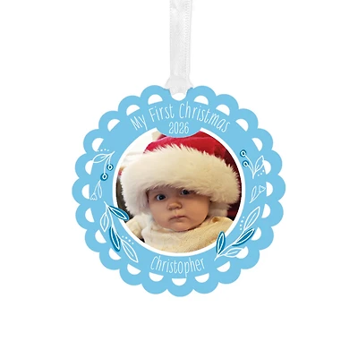 Baby's First Christmas Blue Scalloped Metal Personalized Ornament, Custom Photo and Text for only USD 17.99 | Hallmark