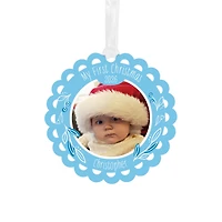 Baby's First Christmas Blue Scalloped Metal Personalized Ornament, Custom Photo and Text for only USD 17.99 | Hallmark