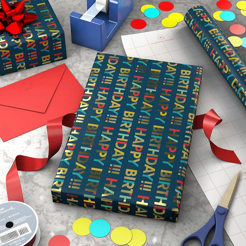 All-Caps Happy Birthday on Navy Wrapping Paper Roll, 20 sq. ft. for only USD 4.99 | Hallmark
