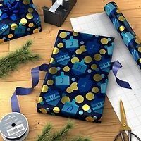 Dreidels and Gelt on Metallic Navy Hanukkah Wrapping Paper Roll, 22.5 sq. ft. for only USD 4.99 | Hallmark