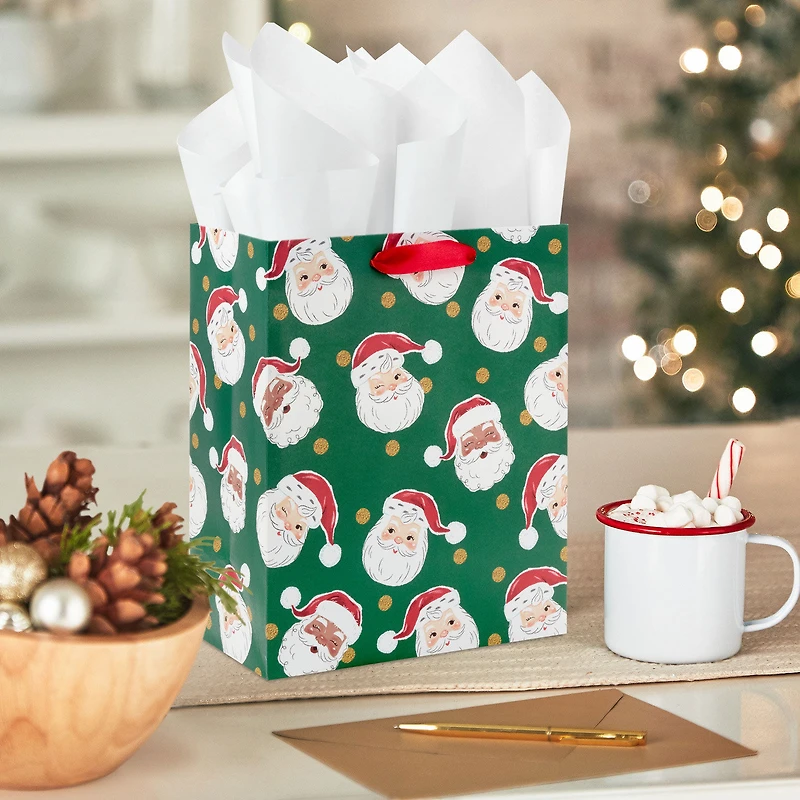 9.6" Santa Faces on Green Medium Christmas Gift Bag for only USD 3.49 | Hallmark