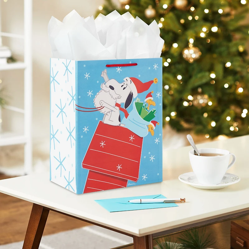 13" Peanuts® Santa Snoopy on Dog House Sleigh Large Christmas Gift Bag for only USD 4.49 | Hallmark