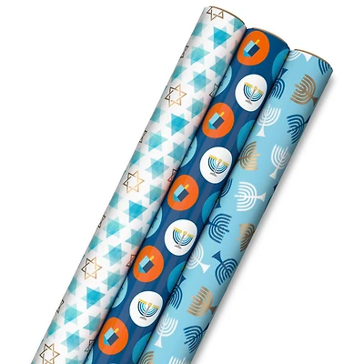 Blue Hanukkah Designs 3-Pack Wrapping Paper Assortment, 120 sq. ft. for only USD 16.99 | Hallmark