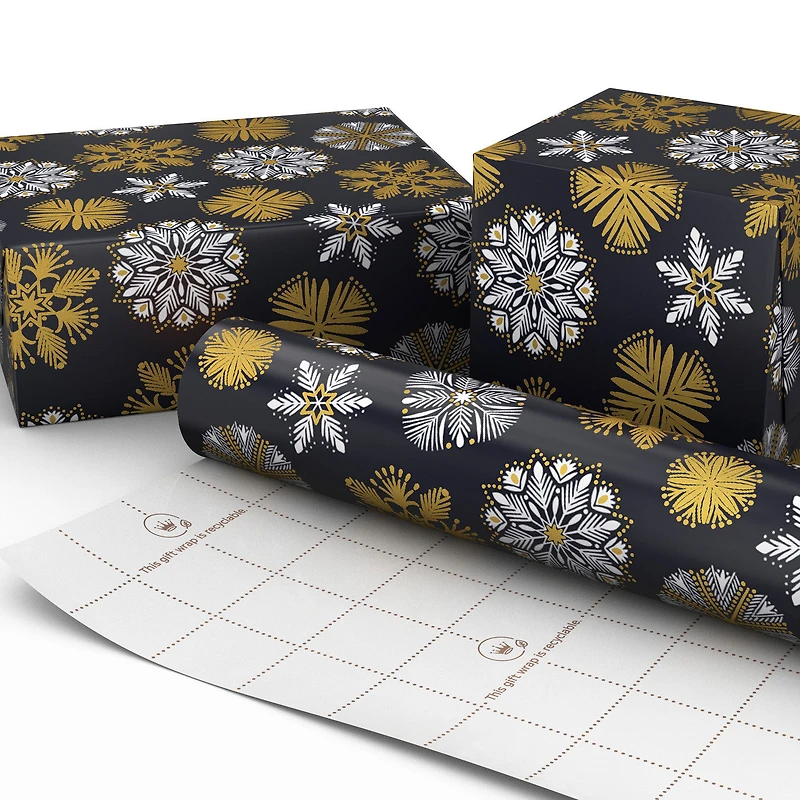 White and Gold Snowflakes on Black Holiday Wrapping Paper Roll, 35 sq. ft. for only USD 4.99 | Hallmark