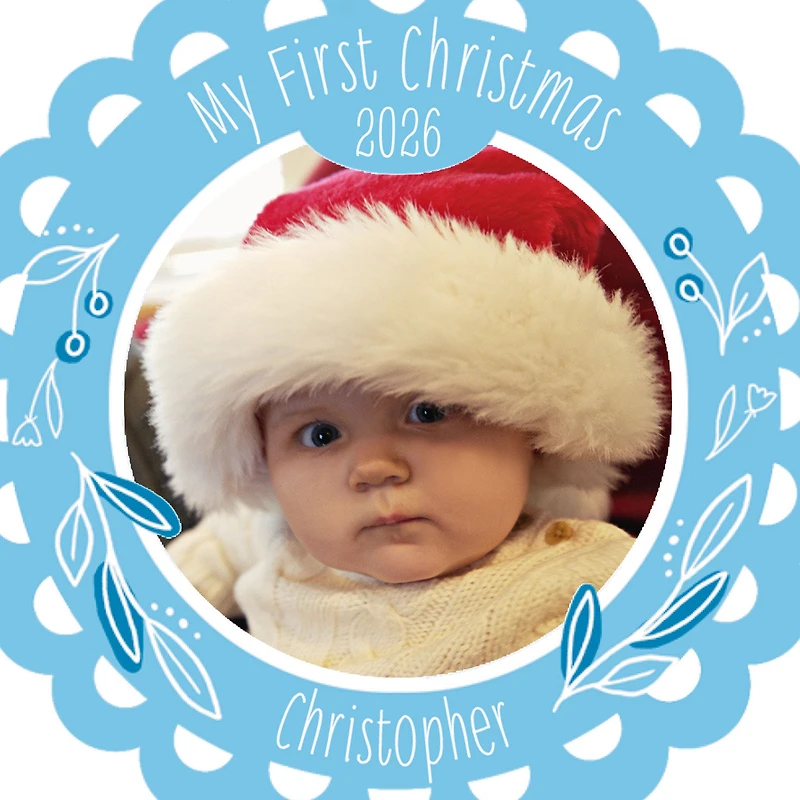 Baby's First Christmas Blue Scalloped Metal Personalized Ornament, Custom Photo and Text for only USD 17.99 | Hallmark