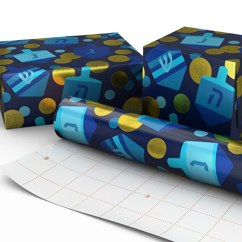 Dreidels and Gelt on Metallic Navy Hanukkah Wrapping Paper Roll, 22.5 sq. ft. for only USD 4.99 | Hallmark